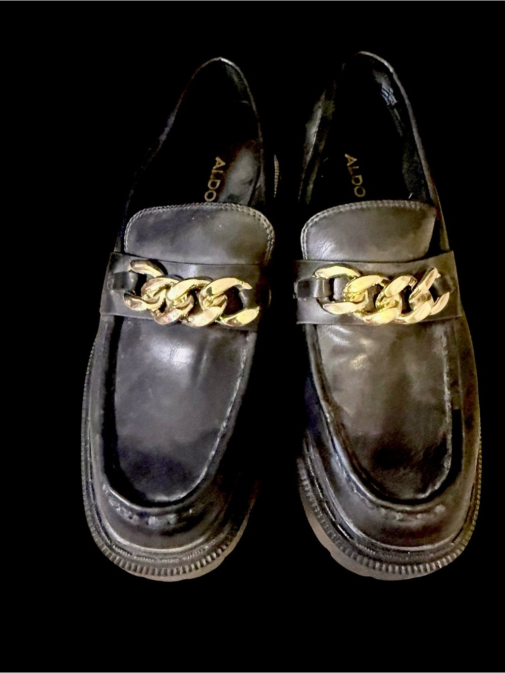 Brixton Black Leather Loafers with Gold Chain Accent